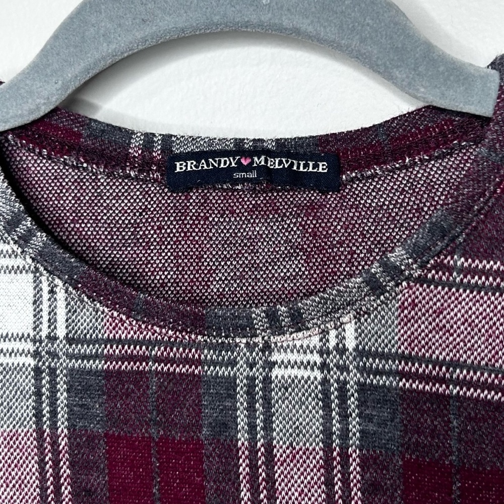 Brandy Melville Plaid Short Sleeve Shirt Top Small Red Maroon Gray White Tee